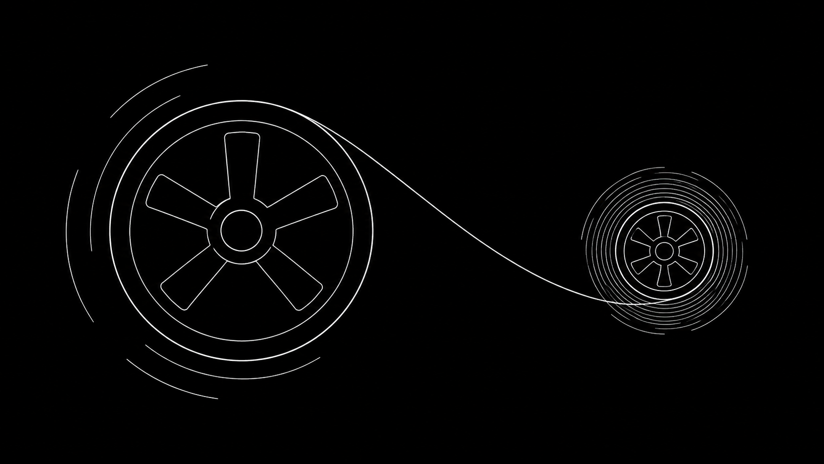 Minimalist illustration of a large slow-turning flywheel next to a small fast-turning flywheel, representing budget scale versus decision system speed in D2C marketing