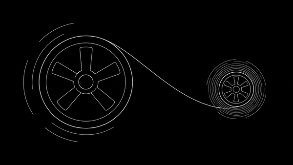 Minimalist illustration of a large slow-turning flywheel next to a small fast-turning flywheel, representing budget scale versus decision system speed in D2C marketing